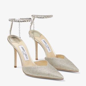 Jimmy Choo Saeda Glitter Crystal Ankle Strap Pump Platinum Ice EU 36.5 / EU 6.5